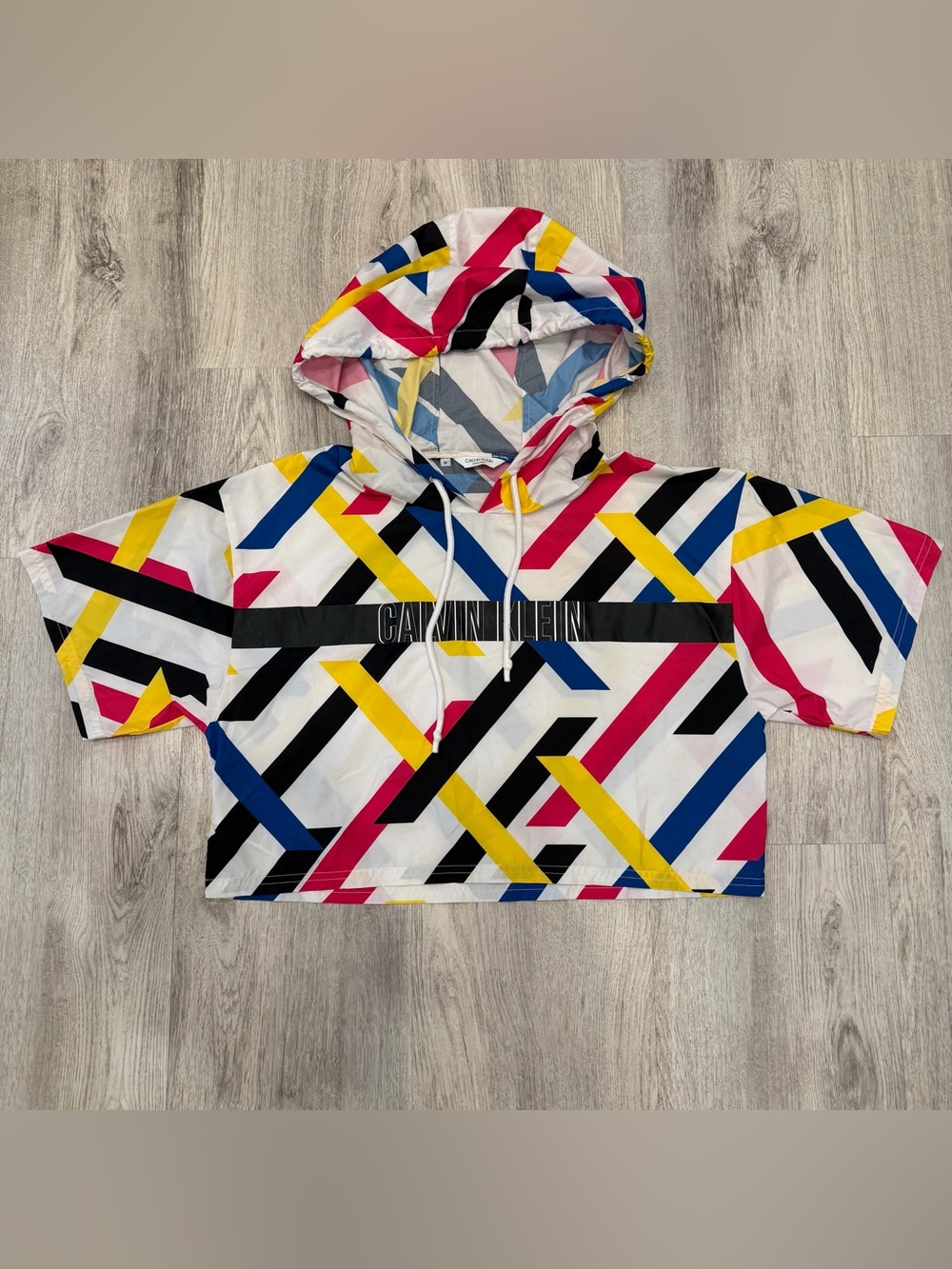 Calvin Klein Cropped Hooded Swim Top Geometric Print Size M